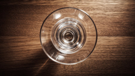 A close-up view of a transparent glass filled with clear water resting on a wooden surface, showcasing intricate reflections and textures bathed in soft, natural light.の素材