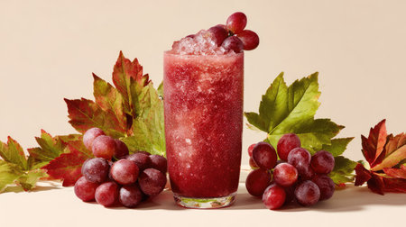 A vibrant frozen grape drink served in a tall glass, surrounded by colorful leaves and fresh grapes, perfect for summer gatherings or refreshing moments.の素材