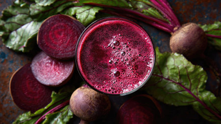 A glass of fresh beetroot juice sits elegantly among vibrant raw beets and leafy greens, highlighting the natural beauty and health benefits of this nutritious drink.の素材