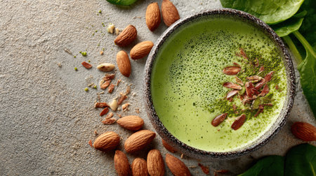 A vibrant green smoothie in a rustic bowl, garnished with seeds and surrounded by almonds and fresh spinach leaves, perfect for a healthy lifestyle choice.の素材