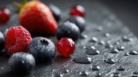 A stunning arrangement of fresh berries including strawberries, raspberries, blueberries, and cherries with water droplets, set against a dark slate surface, ideal for food lovers.の素材