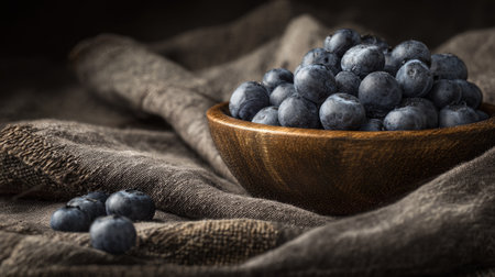 A beautifully arranged wooden bowl filled with fresh blueberries rests on soft, rustic fabric, creating a visually appealing scene perfect for food photography and healthy eating themes.の素材