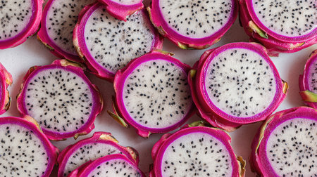 Close-up view of vibrant dragon fruit slices showcasing bright pink rind, white flesh speckled with black seeds, perfect for culinary use and healthy snacks.の素材