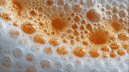High-resolution close-up image showcasing the inviting texture of golden beer foam with vibrant bubbles. Perfect for themes around beverages, celebrations, and social gatherings.の素材