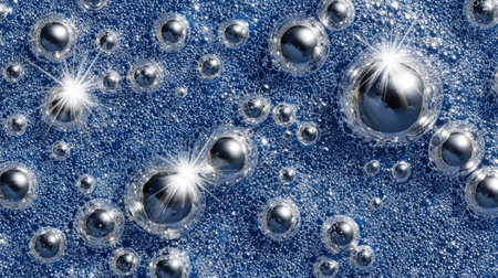 A stunning macro shot capturing metallic bubbles on a blue surface, featuring sparkling highlights and intricate details that evoke artistic and scientific creativity.の素材