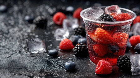 A vibrant and refreshing berry drink served in a clear cup filled with ice. Fresh raspberries, blackberries, and blueberries surround the drink, creating a colorful scene.の素材