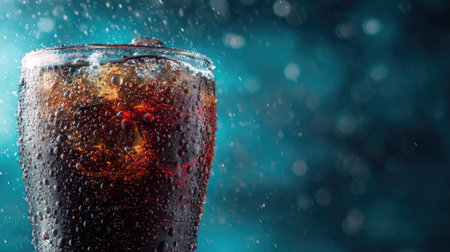 A close-up view of a frosty glass of cola filled with ice and bubbles, capturing the essence of summer refreshment against a soft, blurry blue backdrop.の素材