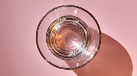 A clear glass sits on a soft pink background, creating an elegant visual with reflections and shadows. Ideal for projects promoting minimalism and modern aesthetics.の素材