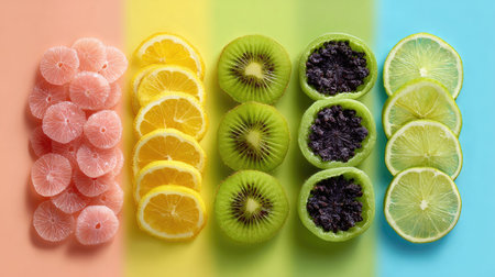 A vibrant display of freshly sliced fruits, including citrus and kiwi, set against a colorful backdrop. Perfect for promoting healthy lifestyles and nutrition.の素材