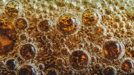 This macro image showcases the mesmerizing bubbles of a dark carbonated beverage, highlighting the intricate details and lively effervescence for a refreshing visual experience.の素材