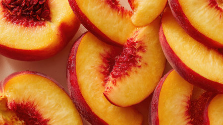 Discover the vibrant beauty of fresh sliced peaches showcasing their juicy flesh and bright colors, perfect for summer dishes, healthy recipes, and culinary delights.の素材
