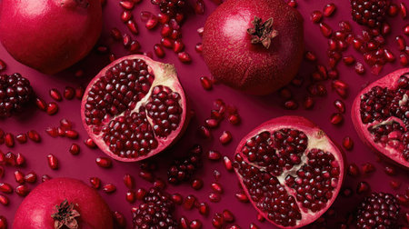 A visually striking arrangement of fresh pomegranate fruits and seeds on a bold red background, showcasing vibrant colors and textures ideal for healthy eating themes.の素材