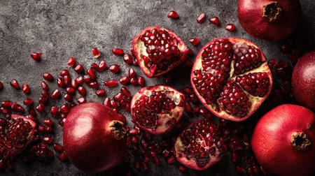 This captivating image features fresh pomegranates and seeds on a dark textured background, highlighting their vibrant red color and juicy appeal for food lovers.の素材