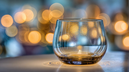 A charming glass sits elegantly on a smooth surface, framed by warm, blurred lights that create a cozy and inviting atmosphere perfect for soft decor.の素材