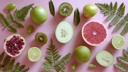 A stunning arrangement of fresh fruits and green fern leaves against a soft pink backdrop, perfect for highlighting health, vitality, and seasonal abundance in lifestyle choices.の素材