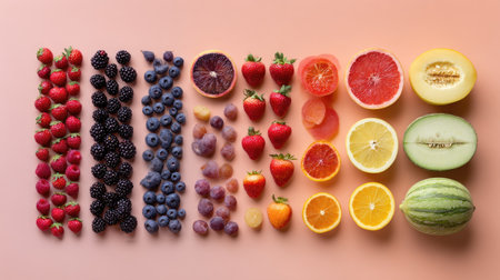 A stunning display of a variety of fresh fruits arranged neatly on a soft pink background. This image captures the vibrancy and diversity of fruits perfect for promoting healthy eating.の素材