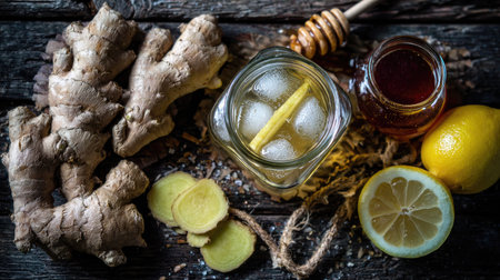 A refreshing ginger drink with ice and slices of lemon sits in a glass jar, surrounded by ginger root and honey. Ideal for health enthusiasts and summer refreshment.の素材