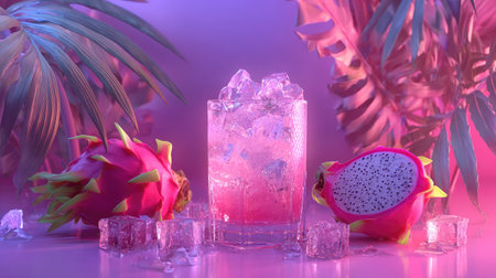 Enjoy the lively ambiance of this vibrant drink featuring dragon fruit, ice cubes, and colorful surroundings, perfect for summer gatherings and tropical escapes.の素材