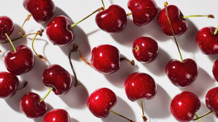 A stunning arrangement of fresh red cherries on a white background, showcasing their shiny surface and vibrant color. Perfect for food-related themes, recipes, and health.の素材