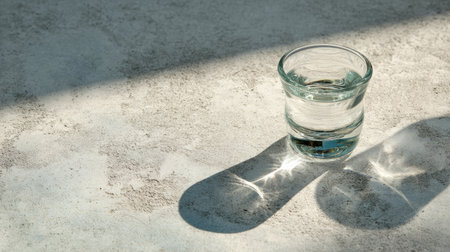 A clear shot glass filled with water sits on a textured concrete surface. Natural light creates intriguing shadows, adding depth and elegance to the scene.の素材