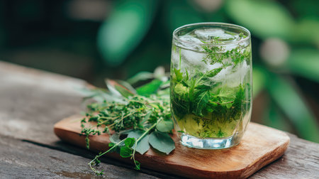 A beautifully presented refreshing beverage made with fresh herbs and mint leaves, served in a clear glass with ice, perfect for warm days or gatherings.の素材
