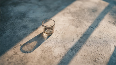 A serene scene featuring a glass of water on a textured concrete surface, bathed in warm sunlight, creating peaceful shadows and an inviting atmosphere.の素材
