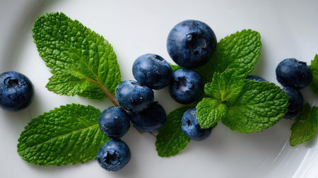 An appealing arrangement of fresh blueberries and mint leaves on a white plate creates a captivating visual. Perfect for promoting healthy eating and recipes.の素材