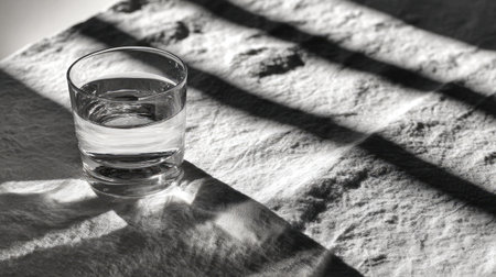 A minimalist composition featuring a clear glass of water on a textured surface, surrounded by soft shadows and light patterns, creating a tranquil atmosphere.の素材
