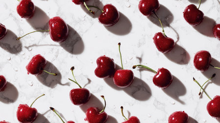 A stunning arrangement of fresh red cherries with glistening water droplets resting on a marble surface, showcasing their juicy texture and vibrant color for a striking visual.の素材