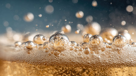 A vivid close-up image showcasing bubbles and foam in a golden beverage, symbolizing refreshment and the joy of celebration. Perfect for marketing or lifestyle projects.の素材