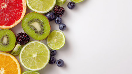 A vibrant assortment of sliced fruits, including citrus and berries, arranged beautifully on a white background. Perfect for healthy lifestyle concepts and nutrition.の素材