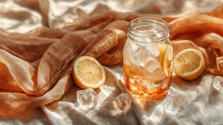 A visually appealing jar filled with refreshing ice tea garnished with lemon slices, set on a soft fabric background that captures a warm summer vibe.の素材
