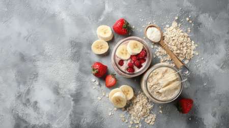 Discover a vibrant assortment of fresh breakfast bowls filled with bananas, strawberries, berries, and oats, perfect for a nutritious start to the day.の素材