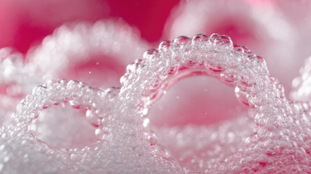 Captivating close-up of soap bubbles against a vibrant pink background, showcasing intricate textures and reflections, perfect for creative and dynamic projects.の素材