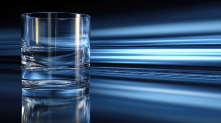 This captivating image features a crystal clear glass resting on a glossy surface, beautifully illuminated by dynamic blue light trails in an abstract background. Ideal for modern designs.の素材