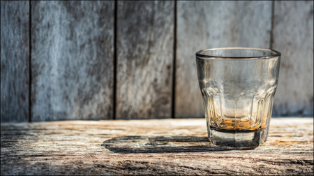 An empty glass sits on a rustic wooden table, beautifully illuminated by soft lighting that emphasizes its texture and the shadows cast on the surface.の素材