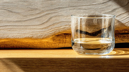 A clear glass sitting on a smooth wooden surface captures natural light, creating stunning reflections and emphasizing the beauty of simplicity in an indoor setting.の素材