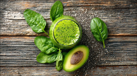 A vibrant green smoothie prepared with fresh spinach, creamy avocado, and chia seeds, perfect for health enthusiasts seeking nutritious and refreshing beverages.の素材