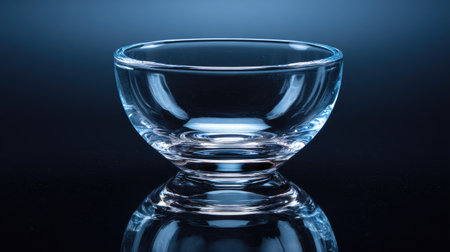 This image showcases an elegant clear glass bowl perched on a dark reflective surface, ideal for food presentation in culinary setups and dining events.の素材