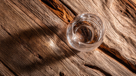 This image features a clear glass resting on a rustic wooden surface, casting a soft shadow in warm ambient light, ideal for artistic and modern design projects.の素材