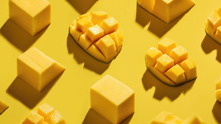 Eye-catching arrangement of fresh mango cubes and slices on a vivid yellow surface, perfect for evoking a lively summer vibe in food photography and culinary art.の素材
