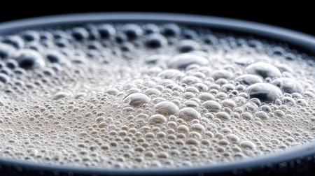 This image showcases a close-up view of creamy foam bubbles on a dark background, emphasizing intricate textures and patterns ideal for culinary and beverage presentations.の素材