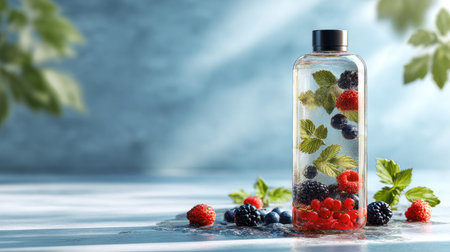 Beautifully arranged infused water featuring fresh berries and mint in a transparent bottle. Perfect for promoting hydration, health, and wellness in lifestyle compositions.の素材