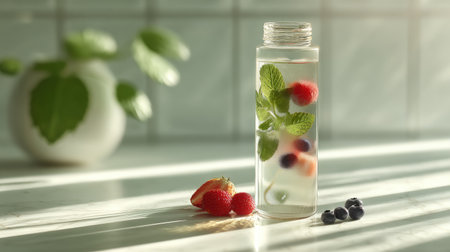 A beautifully arranged clear bottle of fruit-infused water featuring fresh berries and mint leaves, perfect for promoting health and hydration in a bright kitchen setting.の素材