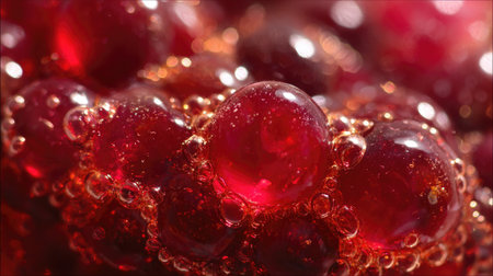 Captivating close-up view of vibrant red bubbles, showcasing the play of light and texture in a liquid environment. Perfect for abstract or artistic themes.の素材