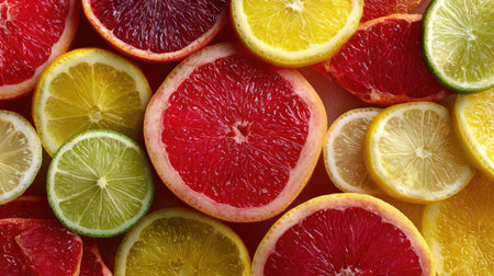 A vibrant arrangement of freshly cut citrus fruit slices, including grapefruit, lemon, lime, and orange, perfect for healthy eating concepts and food styling.の素材