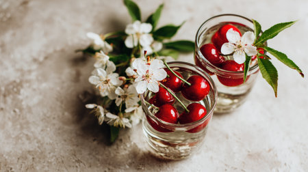 Two glasses filled with shiny cherries sit alongside beautiful cherry blossoms on a rustic surface, reflecting the freshness and simplicity of seasonal ingredients.の素材