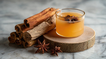 A warm spiced drink featuring cinnamon sticks and star anise, beautifully presented on a rustic wooden surface. Ideal for autumn gatherings and cozy moments.の素材