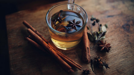 Experience the warmth of herbal tea with cinnamon and star anise. This cozy image captures the inviting essence of comfort, perfect for autumn and winter seasons.の素材