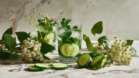 A vibrant arrangement of fresh cucumber slices, mint leaves, and herbs creates a refreshing drink for summer. The elegant marble background enhances the aesthetic appeal.の素材